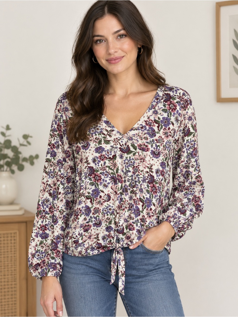 Oak & Trellis Purple Floral Knit Top with Tie-Front Hem XL